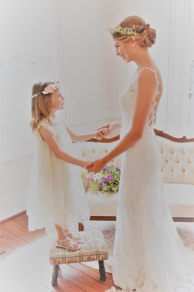 Bride and flower girl, outdoor wedding at The Grantham House